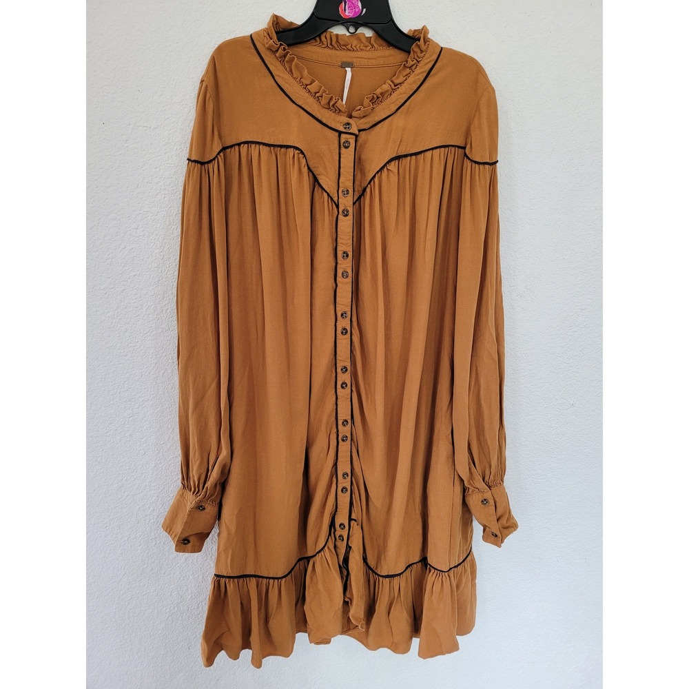 Free People Brown Ruffle Long Sleeve Dress Boho Western Button Down L #8